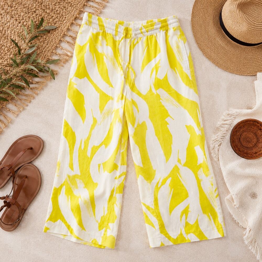 DKNY Linen Blend Wide Leg Crop Pants Yellow White Abstract Print Medium - Picture 12 of 12